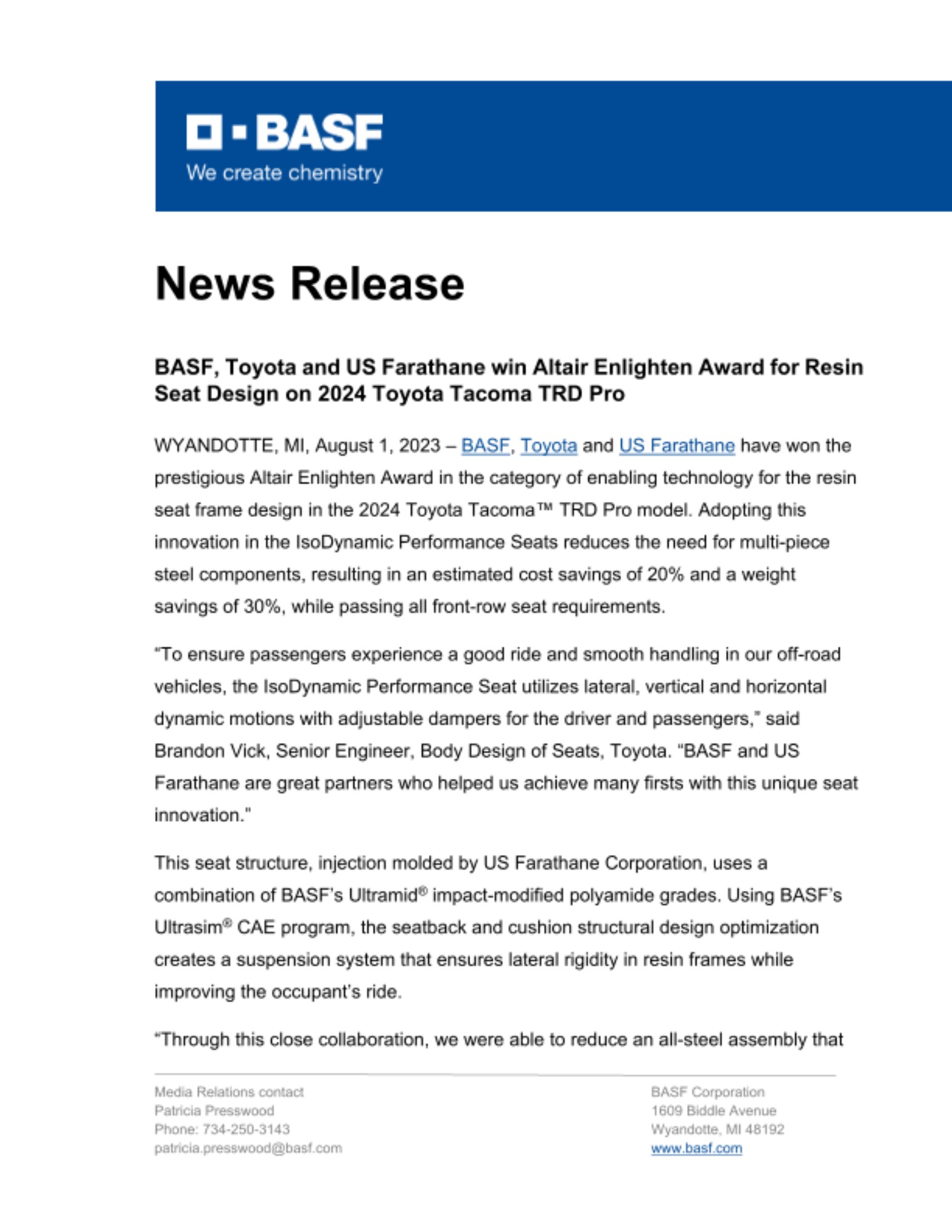 BASF-Toyota-US Farathane win the 2023 Altair Enlighten Award in the category of enabling technology for the seat design in the 2024 Toyota Tacoma TRD Pro model. 